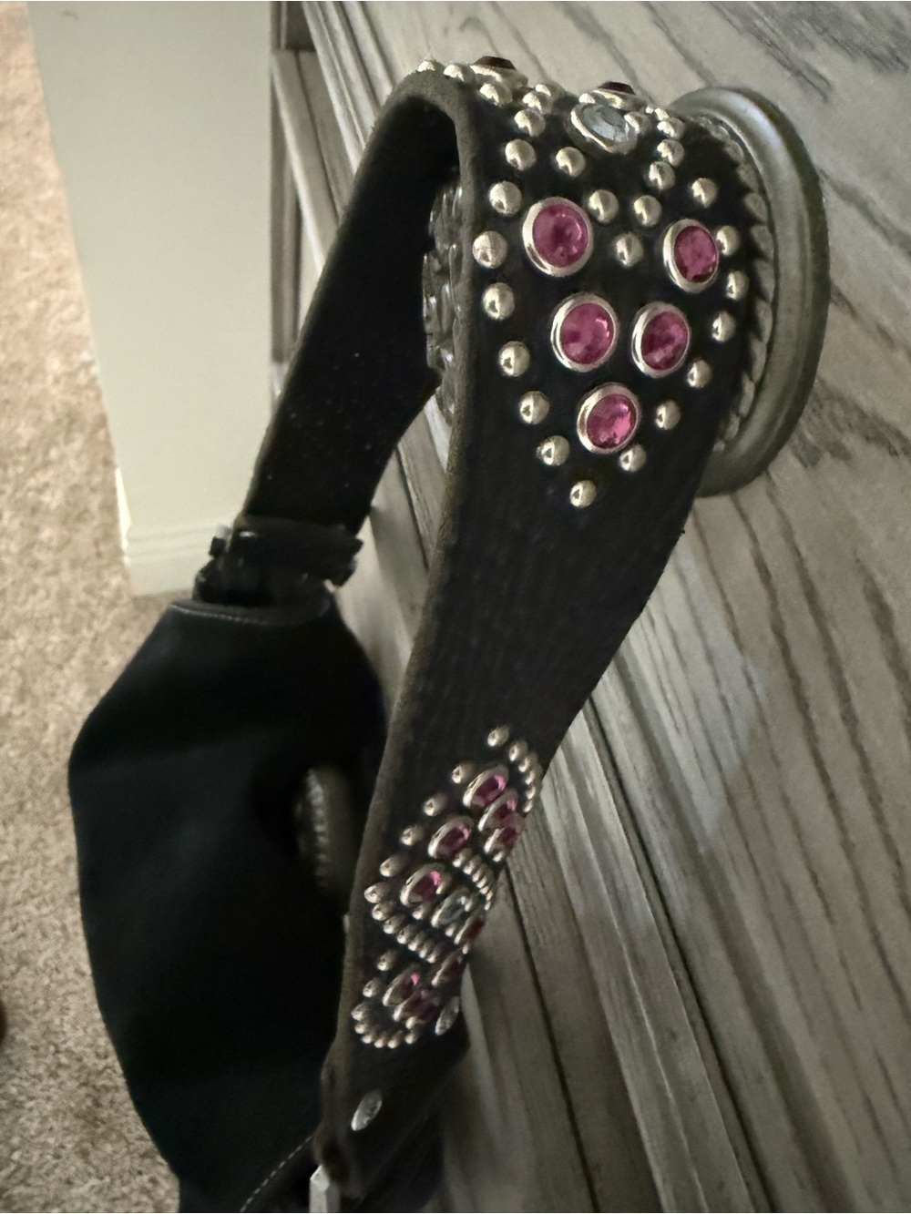 Tylie Malibu Black Studded Shoulder Strap with Pink Gem Accents